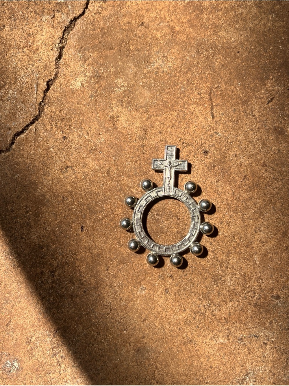 Vintage Inri Catholic Finger Rosary Ring Pocket Prayer Beads Silver Crucifix